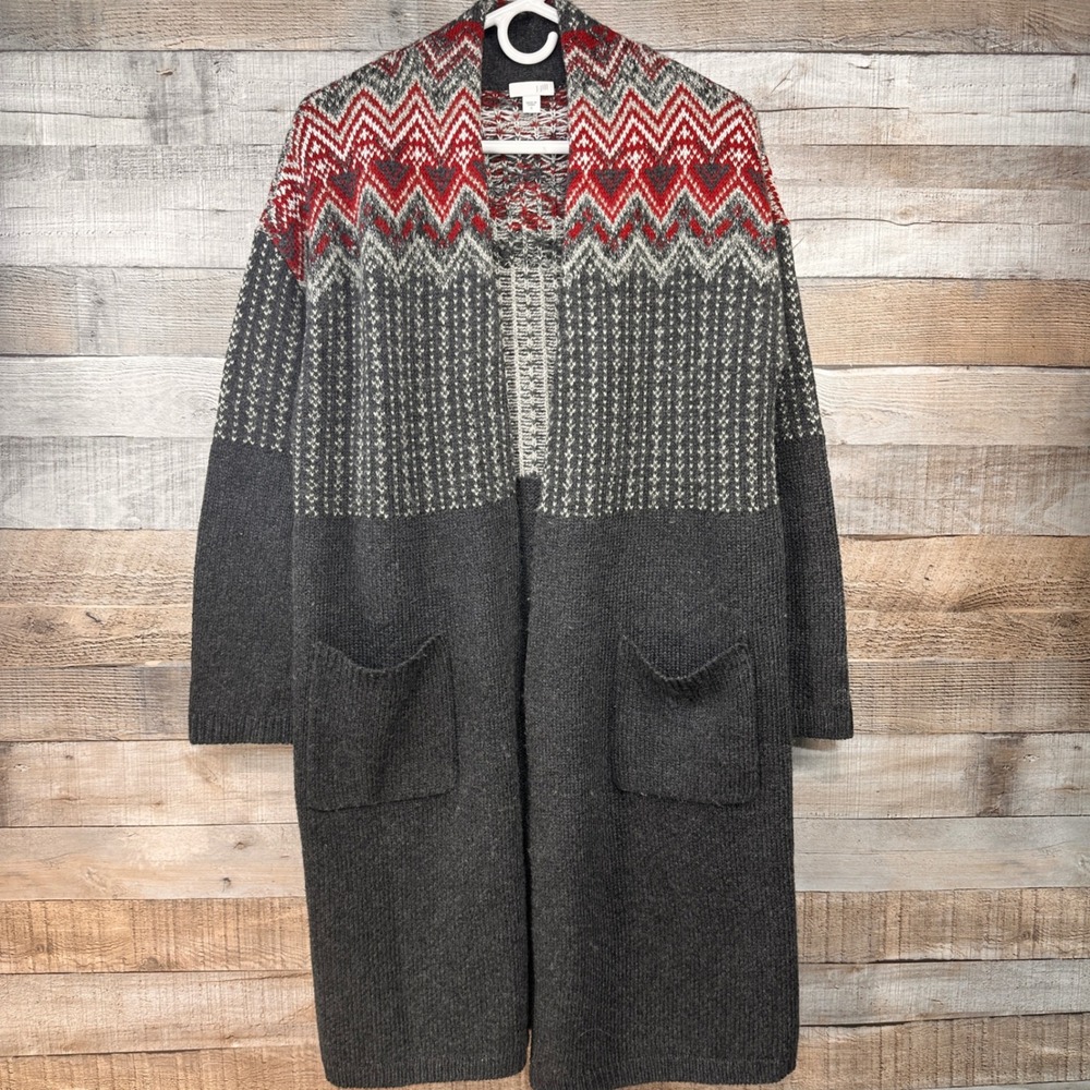 J. Jill Newbury Dark Grey 3/4 Length Knit Cardigan Womans S Fair Isle Wool Blend